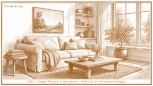 Ruhiger Wohnraum in Neutraltönen - Kupferstich Illustration Sensoria Living