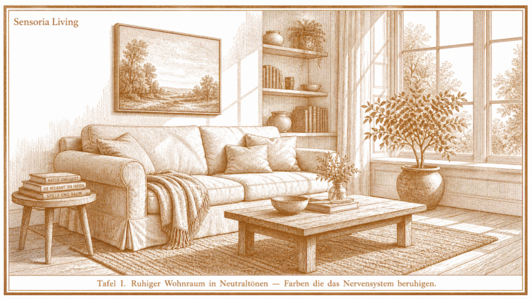 Ruhiger Wohnraum in Neutraltönen - Kupferstich Illustration Sensoria Living