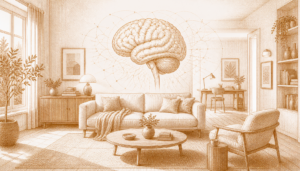 Kupferstich-Illustration eines Wohnzimmers mit schwebendem Gehirn und neuronalen Verbindungen, Sensoria Living
