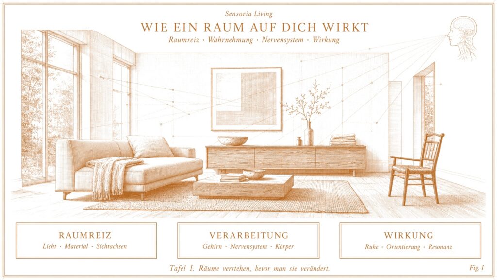 Wissenschaftliche Kupferstich-Illustration eines ruhig gelesenen Wohnraums mit feinen Lichtlinien, Blickachsen, Materialzone, Rückzugsbereich und persönlichem Objekt für die Sensoria Methode.