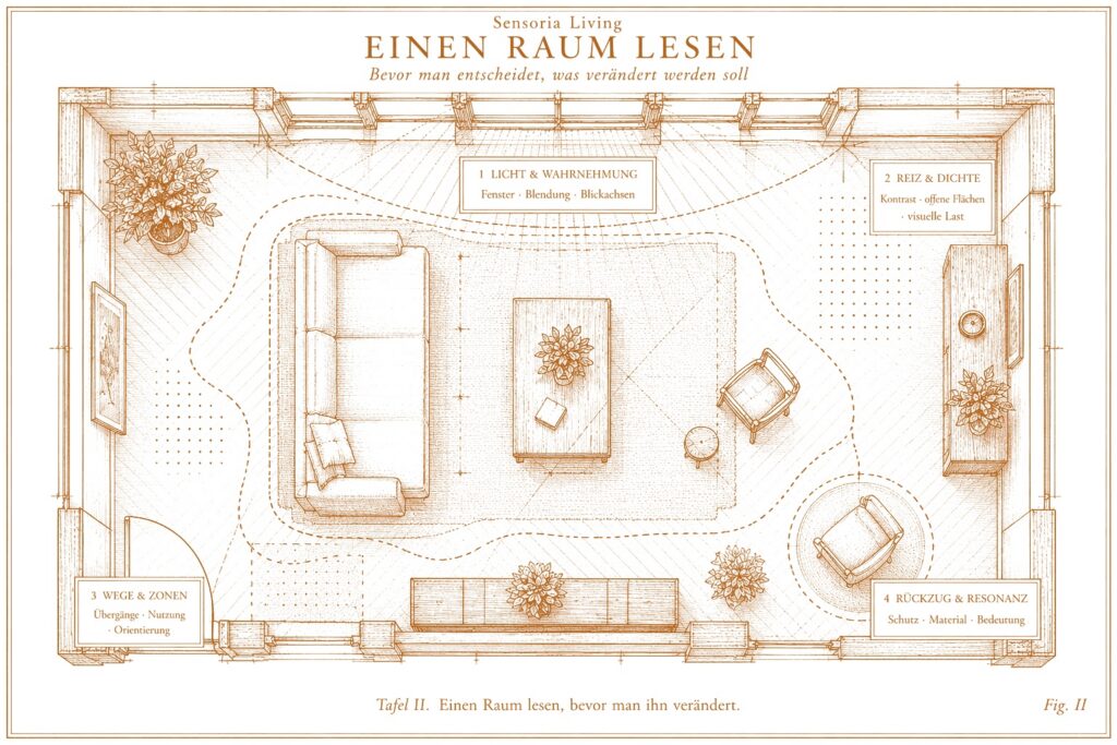 Wissenschaftliche Kupferstich-Illustration eines analytisch gelesenen Raumes. Sichtbar sind Lichtverlauf, Wegführung, eine visuell dichtere Zone, ein geschützter Sitzbereich und ein persönliches Resonanzobjekt. Markenbeschriftung Sensoria Living oben.